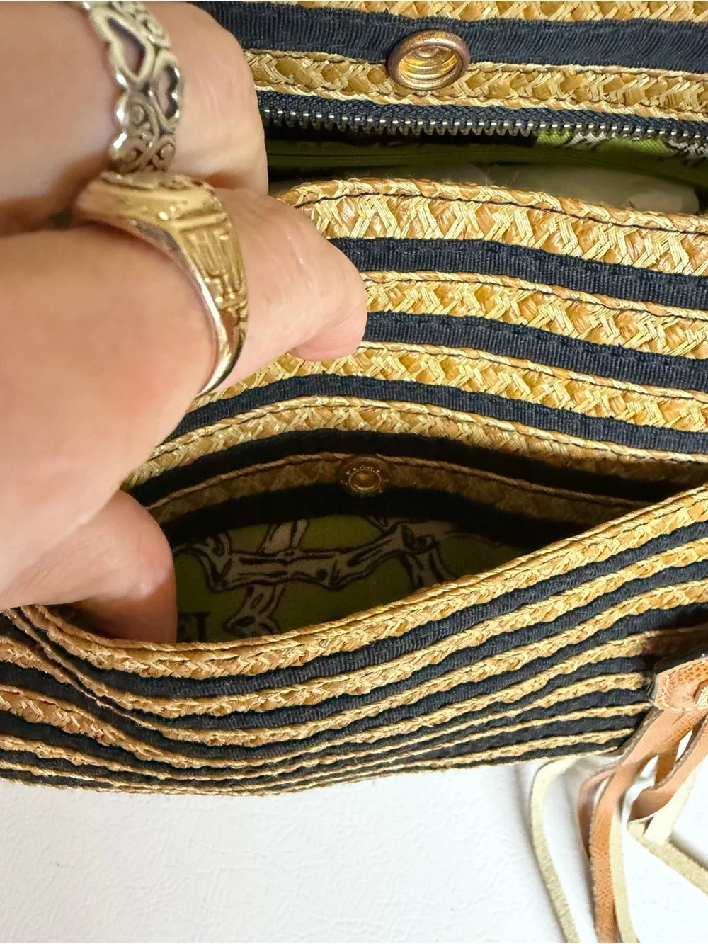 Eric Javitś Striped Natural Straw Tote Bag with Tan Trim